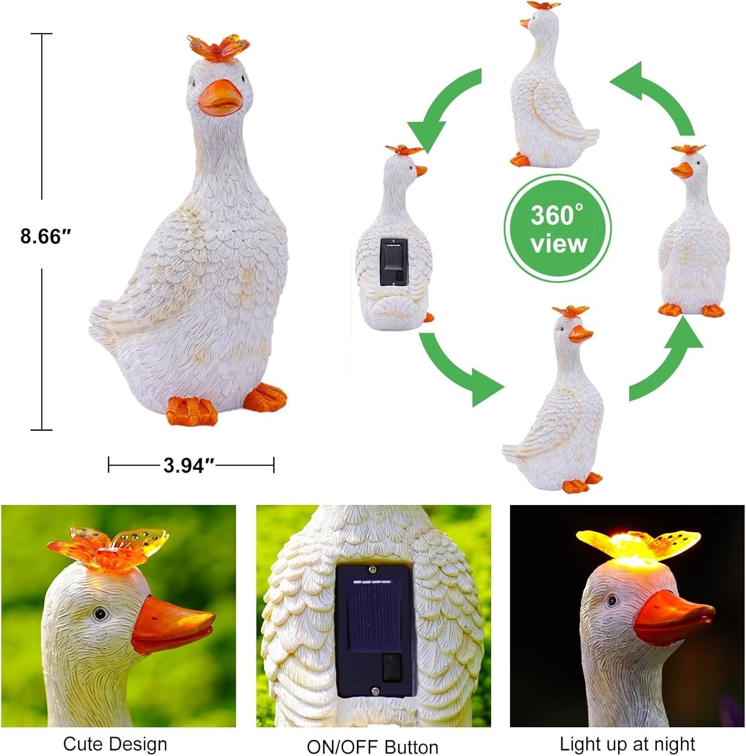 Solar Goose Garden Ornament White Resin Statue with Butterfly Light Outdoor