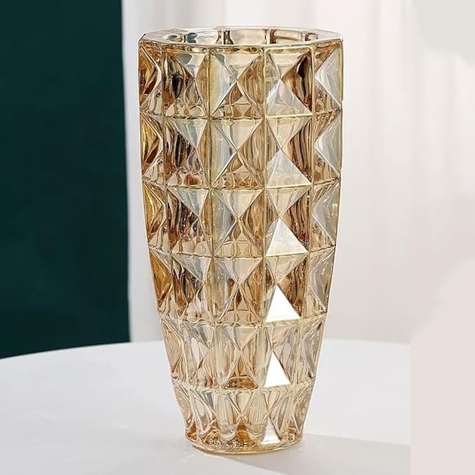 Diamond Cut Glass Vase Tall Amber Crystal Style Flower Vase Luxury Decor