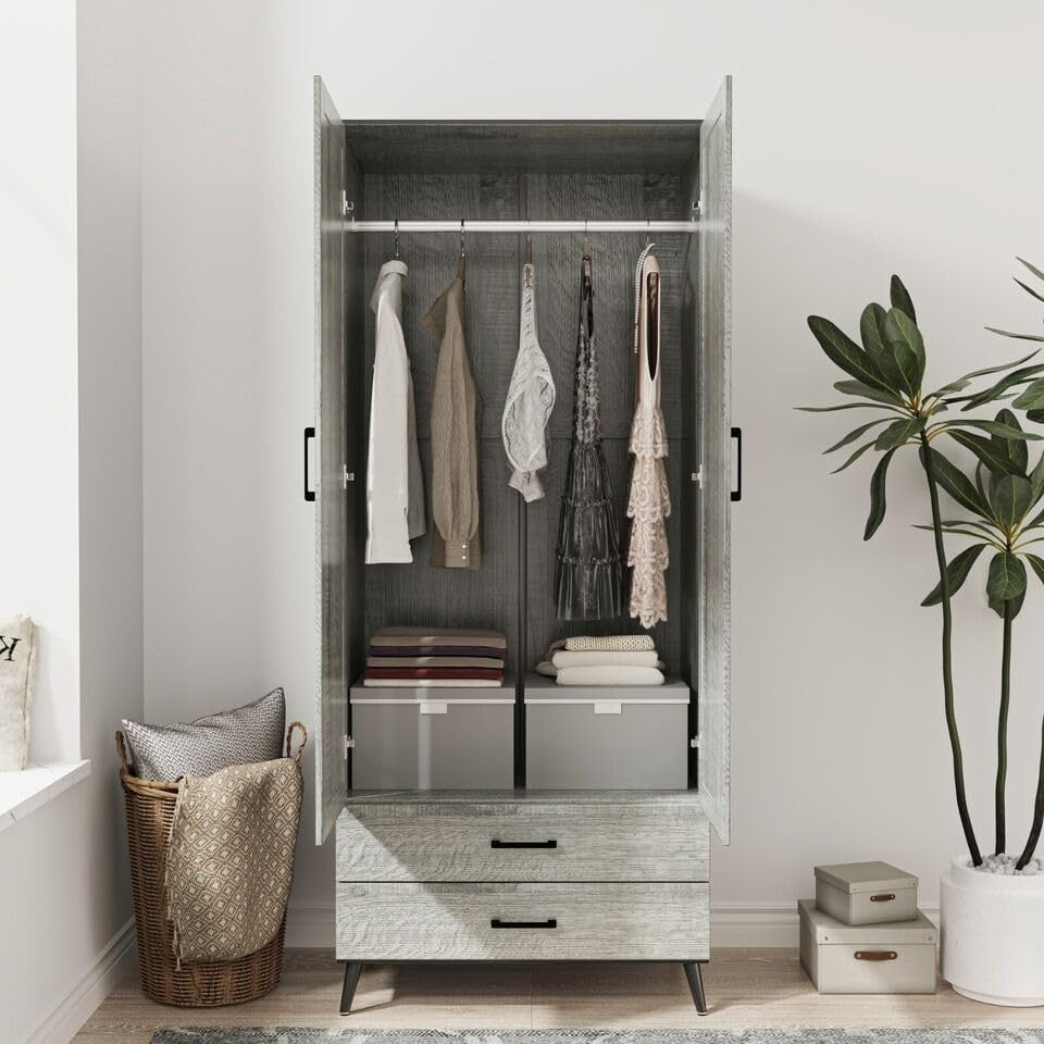 Modern Black 2 Door Wardrobe with Drawers & Hanging Rail - Bedroom Storage