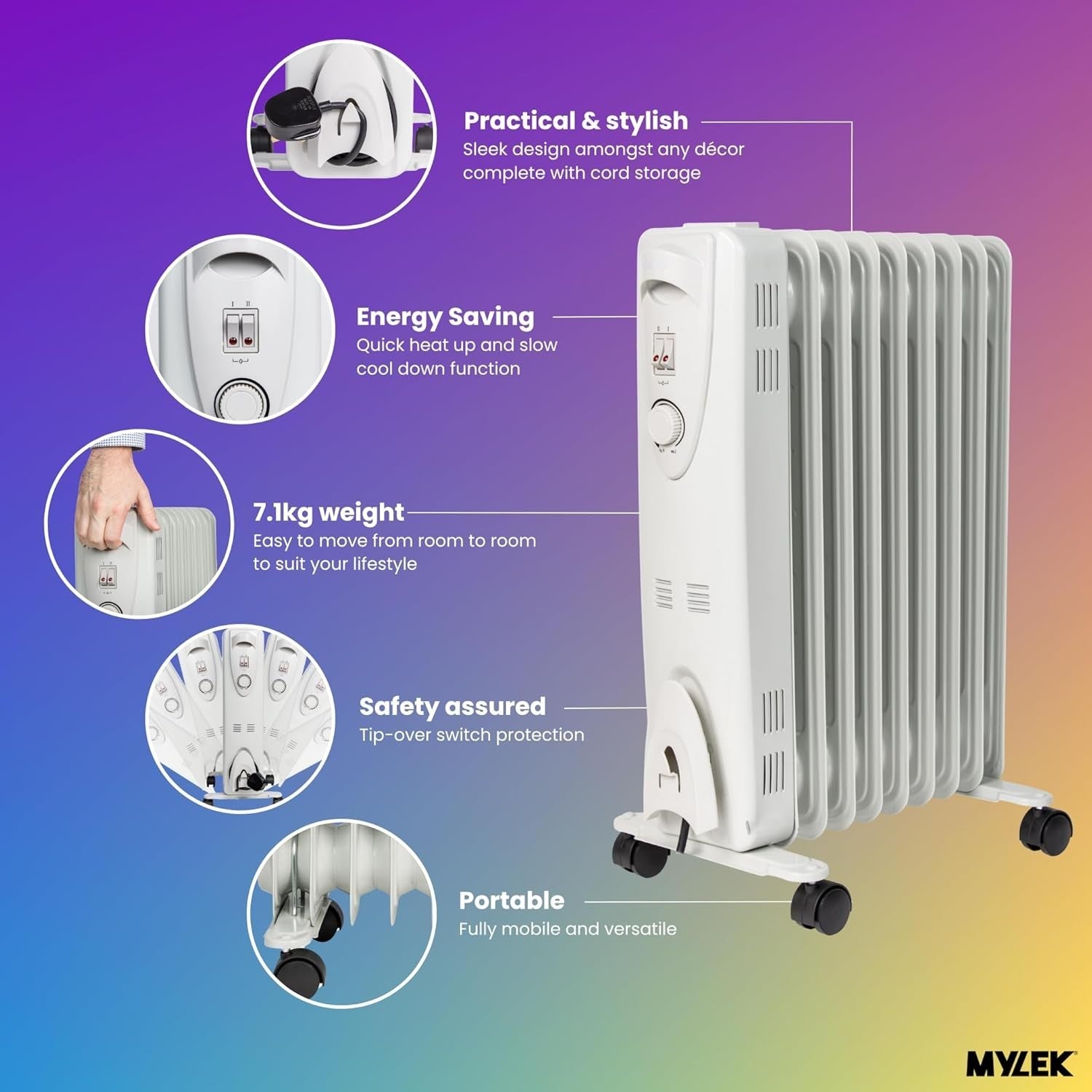 2000W Oil Filled Heater Radiator Portable Electric Adjustable Thermostat
