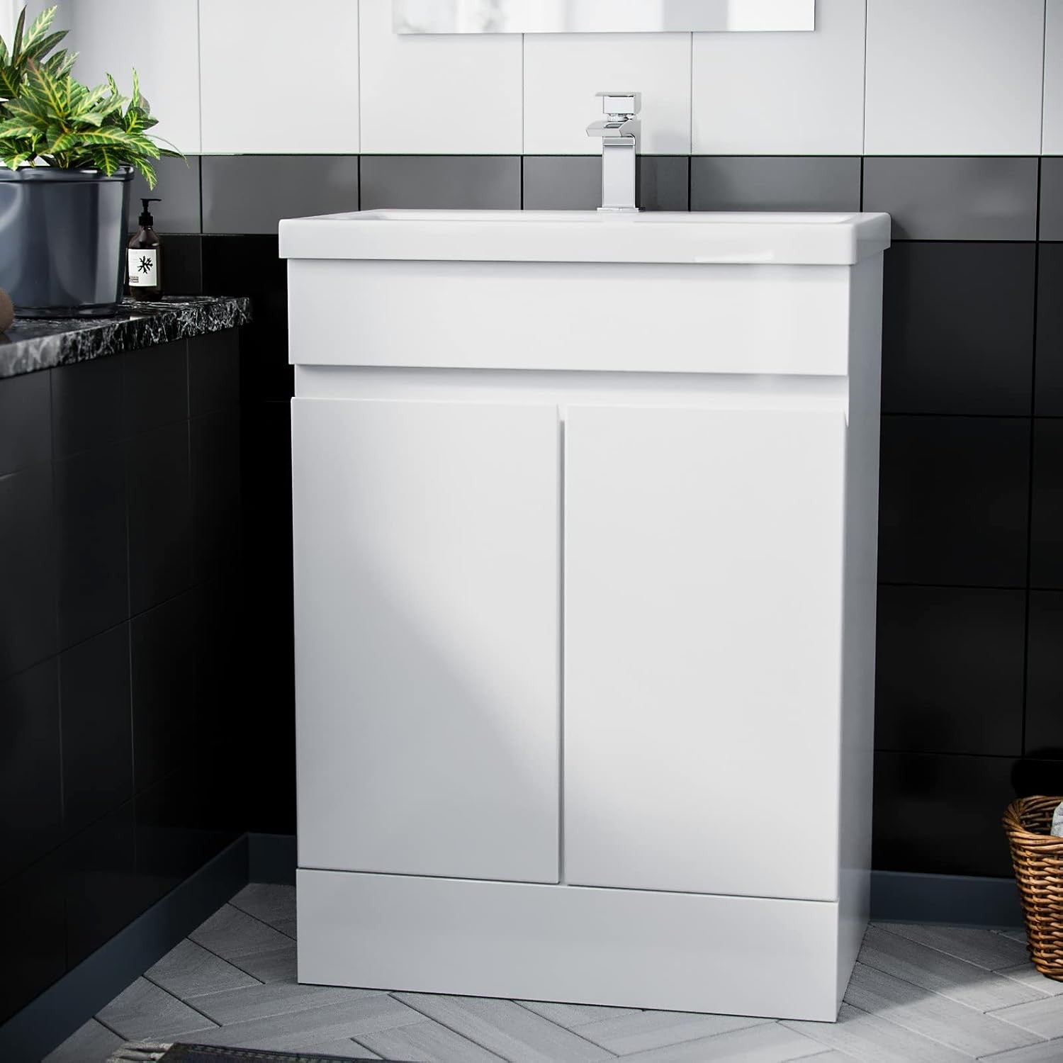 600mm White Bathroom Vanity Unit with Basin Gloss Freestanding Sink Cabinet