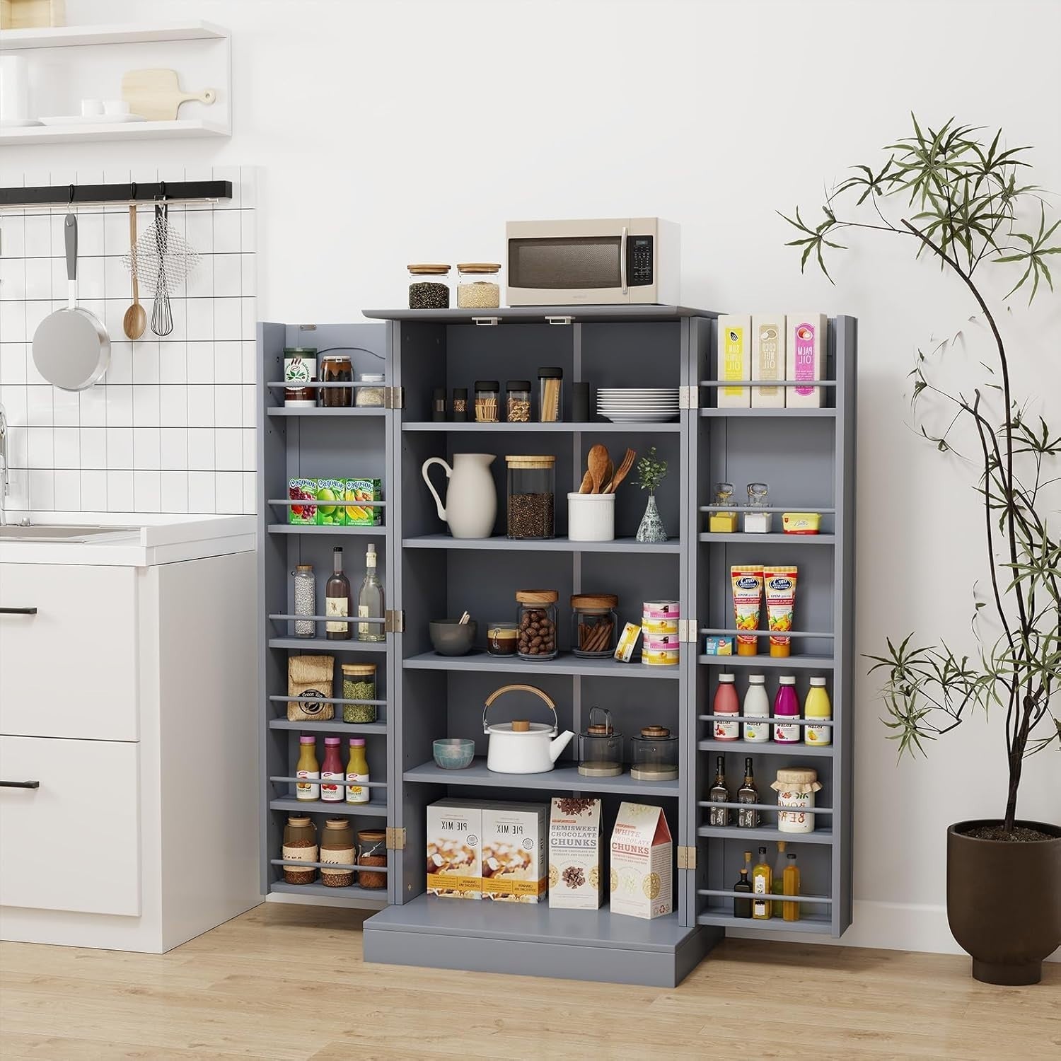 Grey 60x40x120cm Kitchen Cupboard Pantry Cabinet Adjustable Shelves