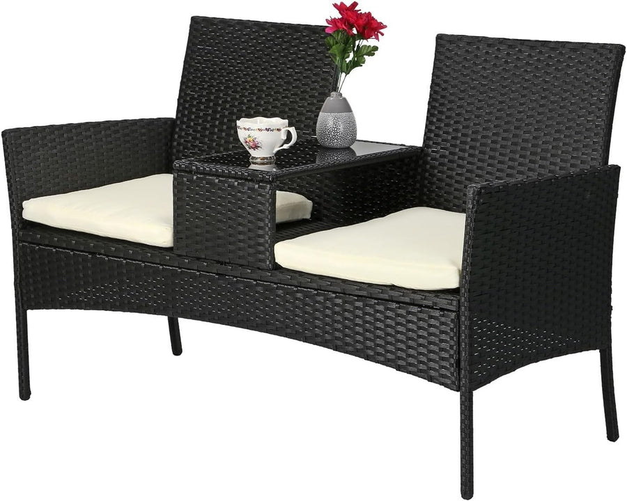 2 Seater Rattan Companion Seat with Cushions & Glass Tabletop Outdoor Bench