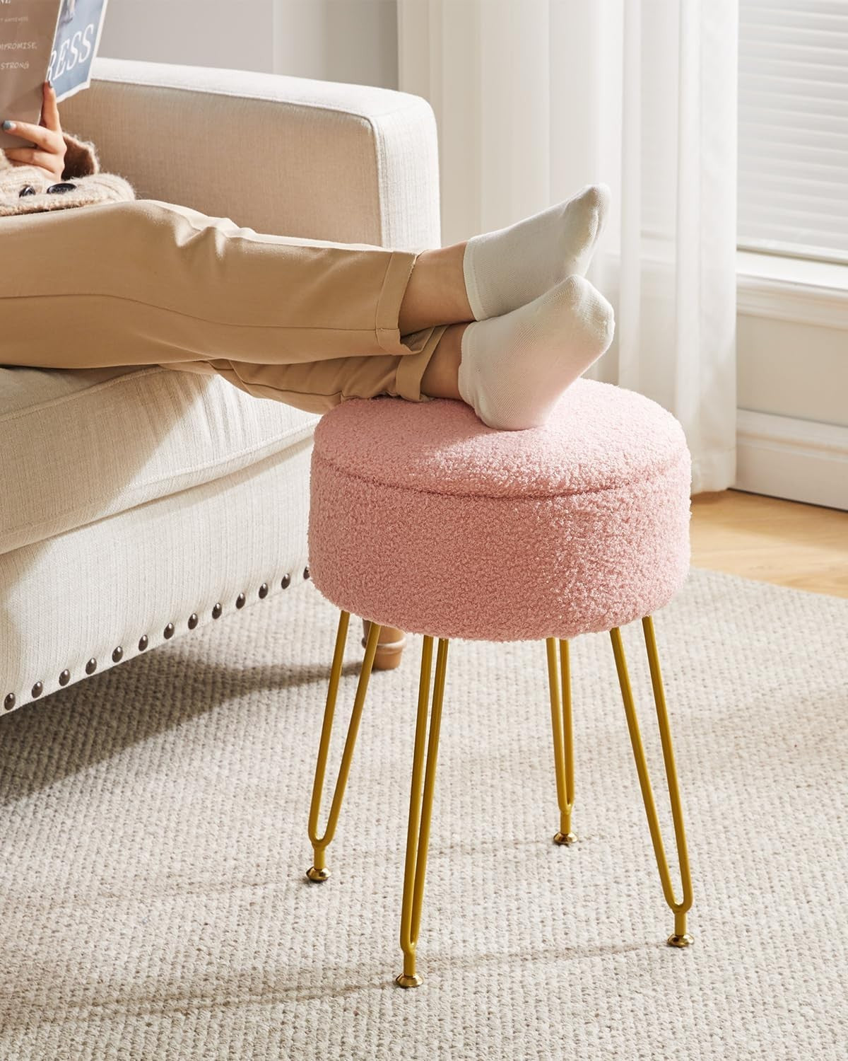 Pink Teddy Velvet Storage Footrest Stool – Vanity Seat with Golden Steel Legs