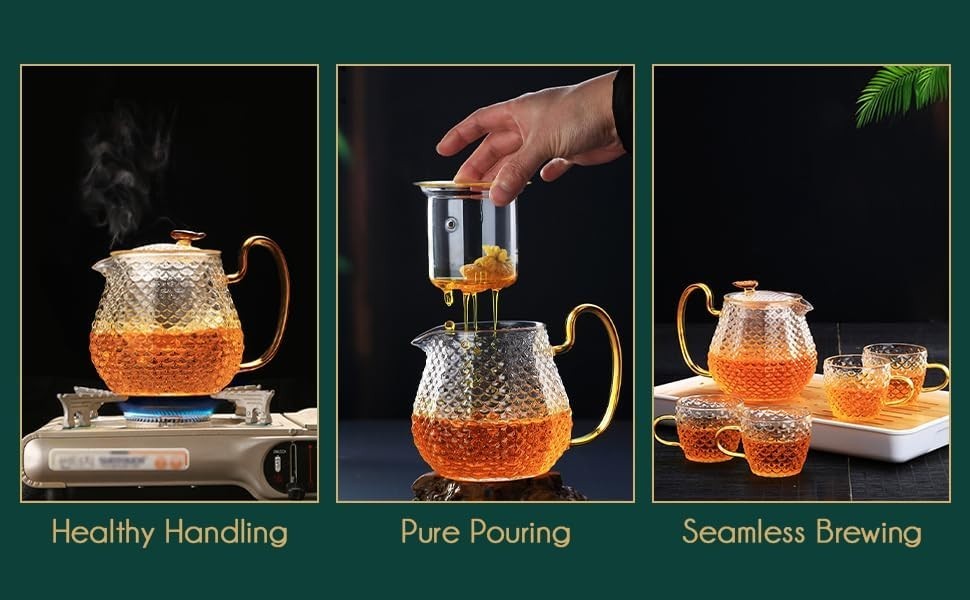 600ml Glass Teapot Set with 4 Tea Glasses Infuser Stovetop Safe