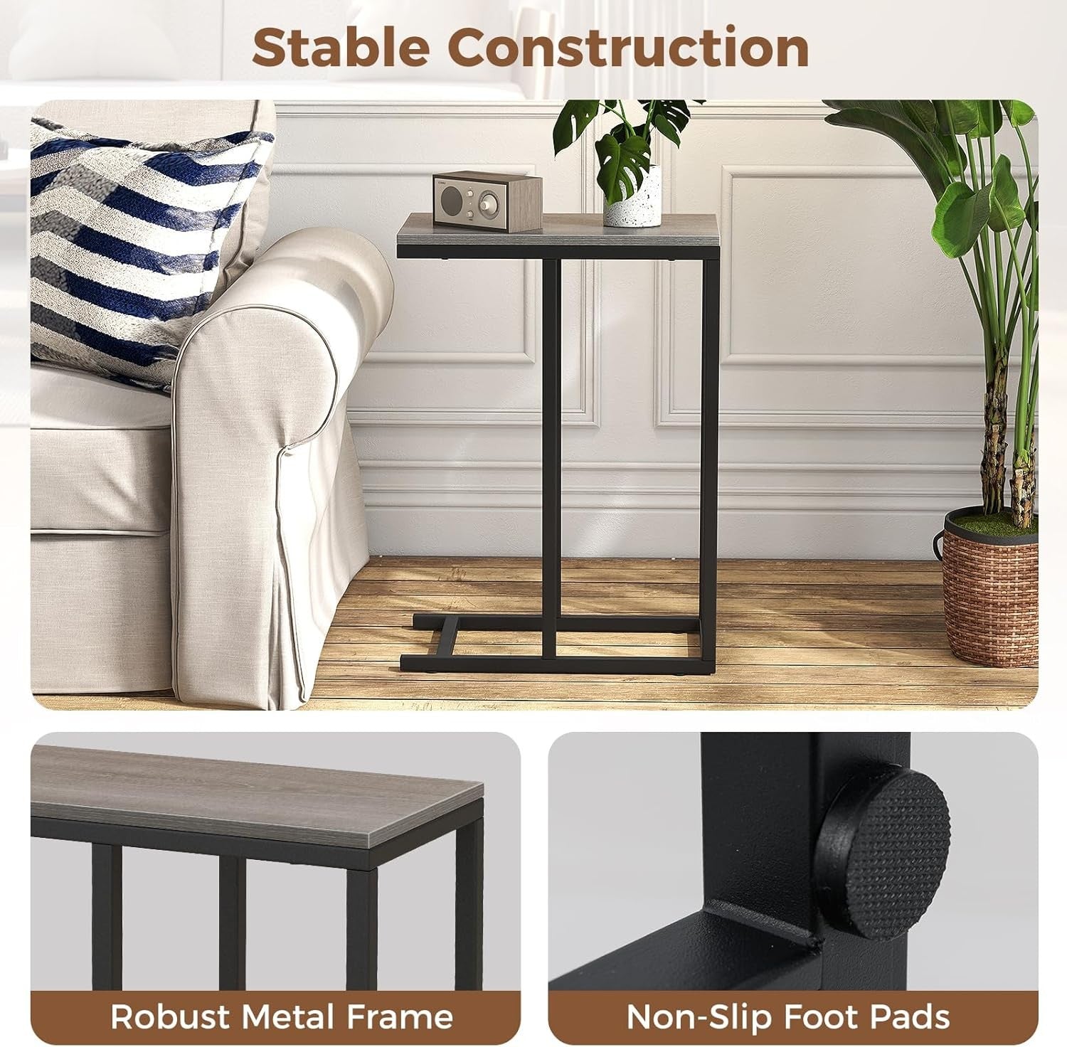 C-Shaped Side Table Grey Oak | Industrial Sofa Laptop Snack Table for Small Spac