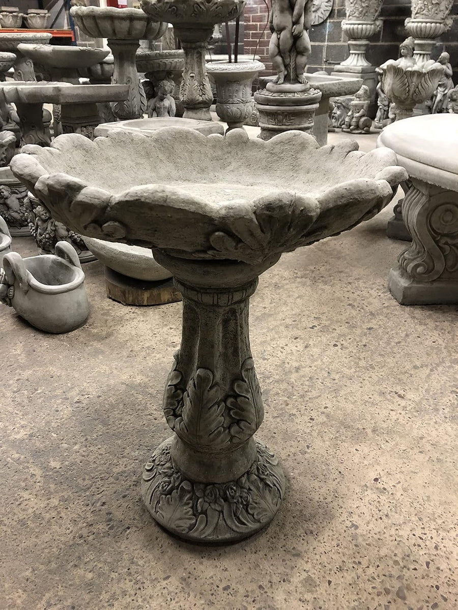 Leaf Design Stone Bird Bath | Heavy Concrete Garden Feeder Ornament