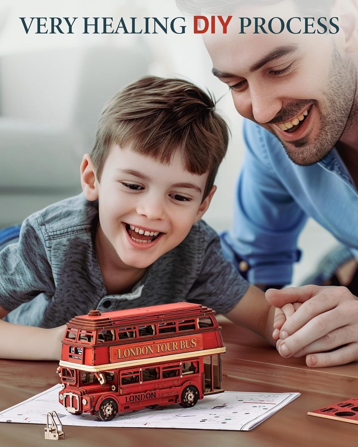 3D Wooden London Bus Puzzle Model Kit, Easy DIY Craft with Realistic Detail