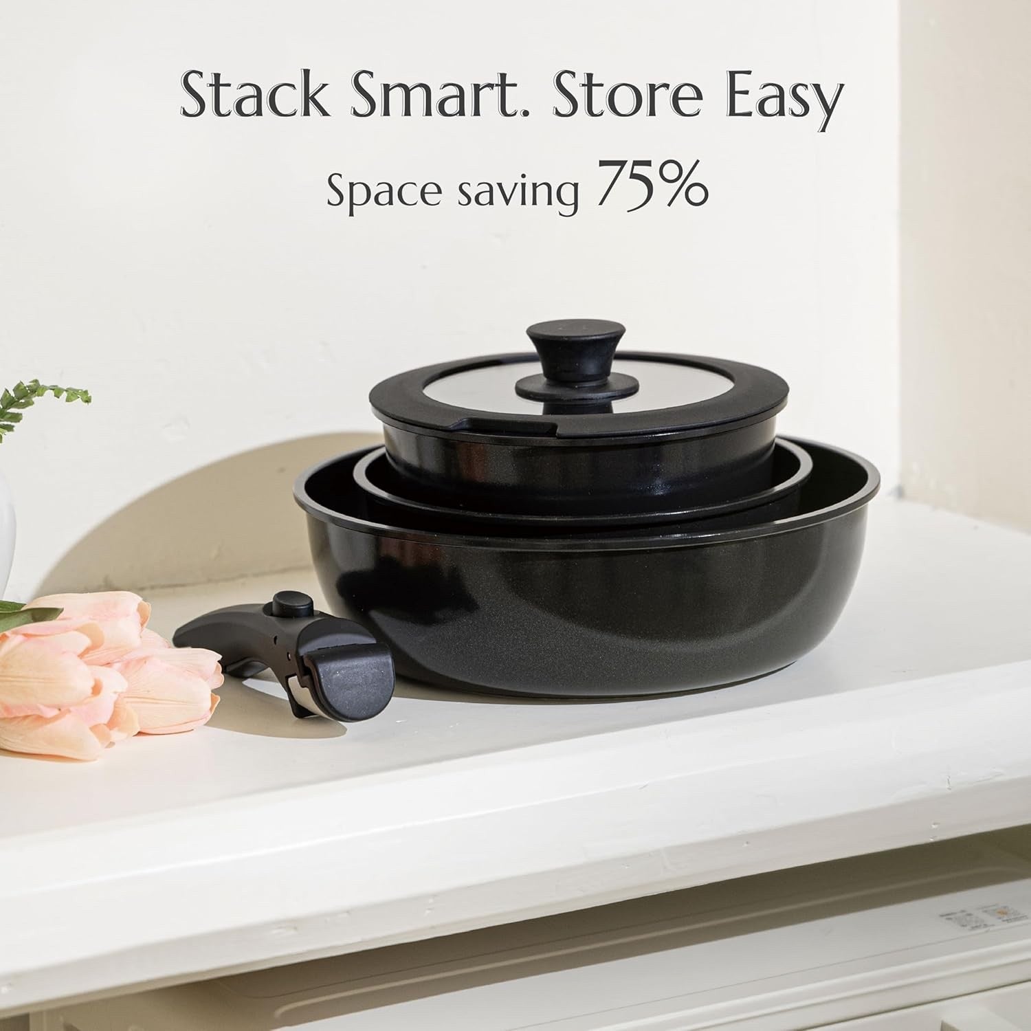 5pcs Black Ceramic Cookware Set Removable Handle Induction & Oven Safe