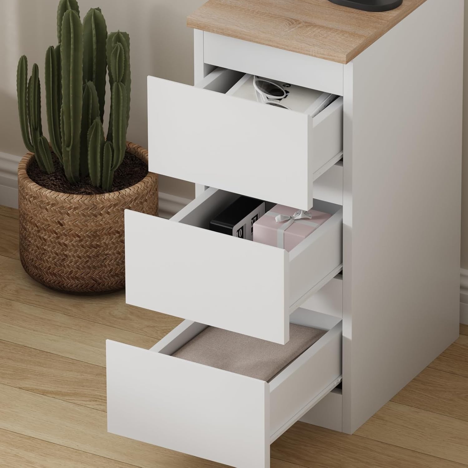 Slim Bedside Table with Charging Station USB Ports & 3 Drawers for Small Spaces