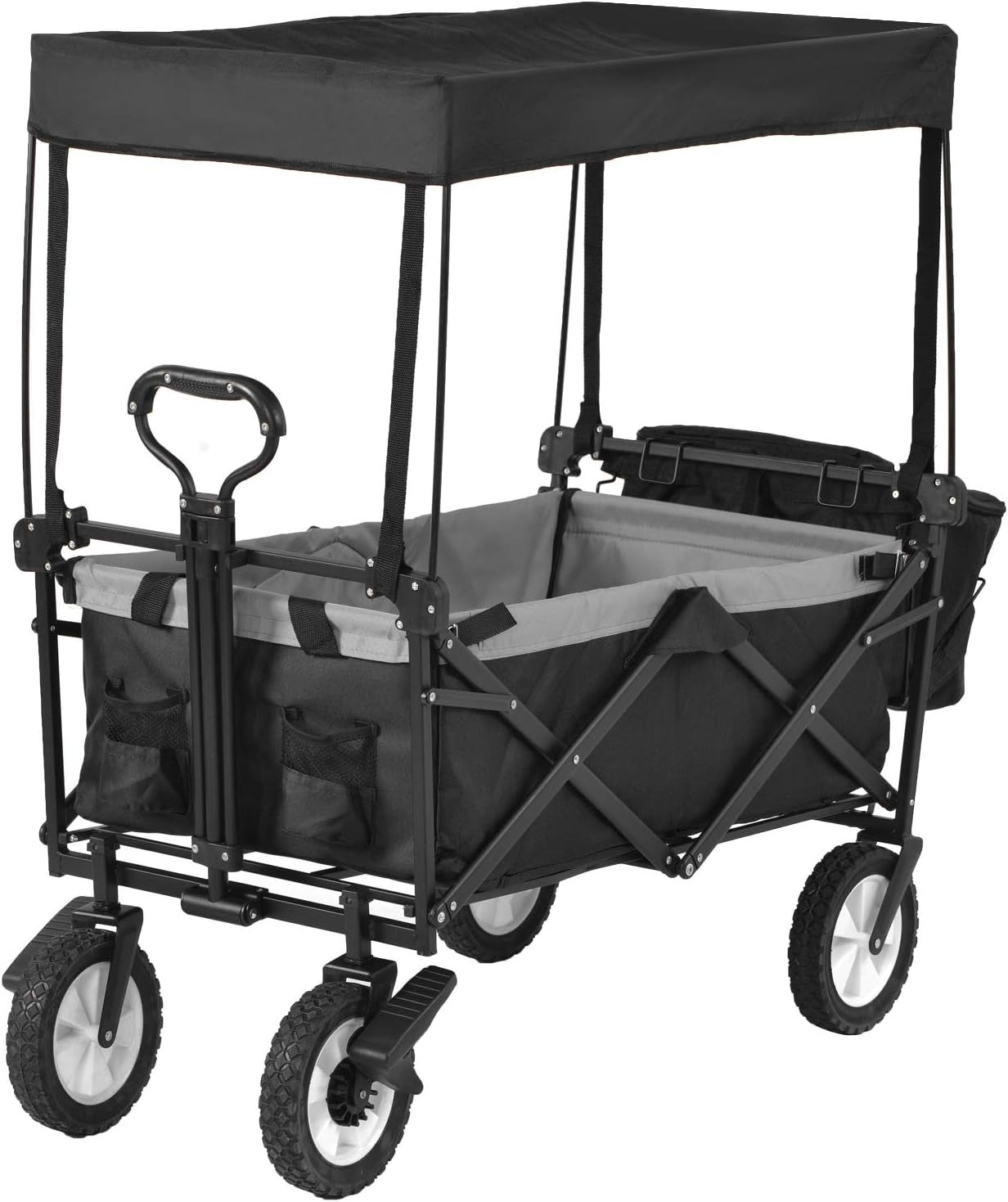 Black 150kg Folding Garden Wagon with Canopy Heavy Duty Festival Camping Trolley