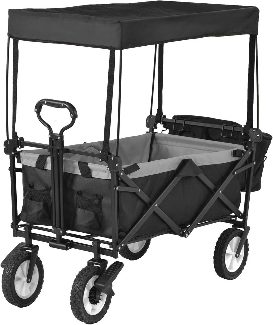 Black 150kg Folding Garden Wagon with Canopy Heavy Duty Festival Camping Trolley