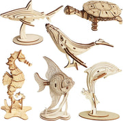 Wooden 3D Sea Life Puzzle Set – 6 Marine Animal Models with Stands, DIY Kit