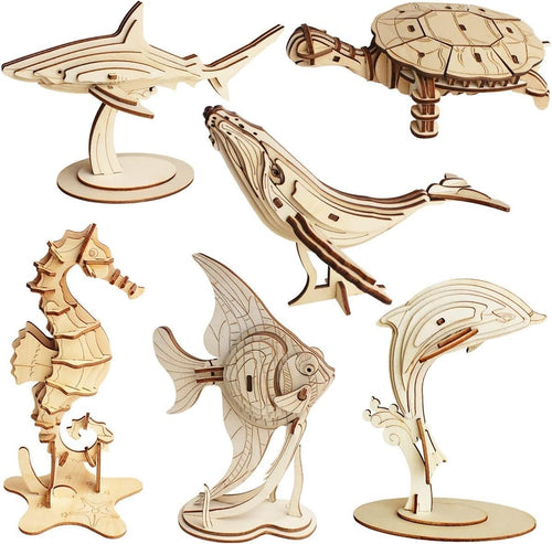 Wooden 3D Sea Life Puzzle Set – 6 Marine Animal Models with Stands, DIY Kit