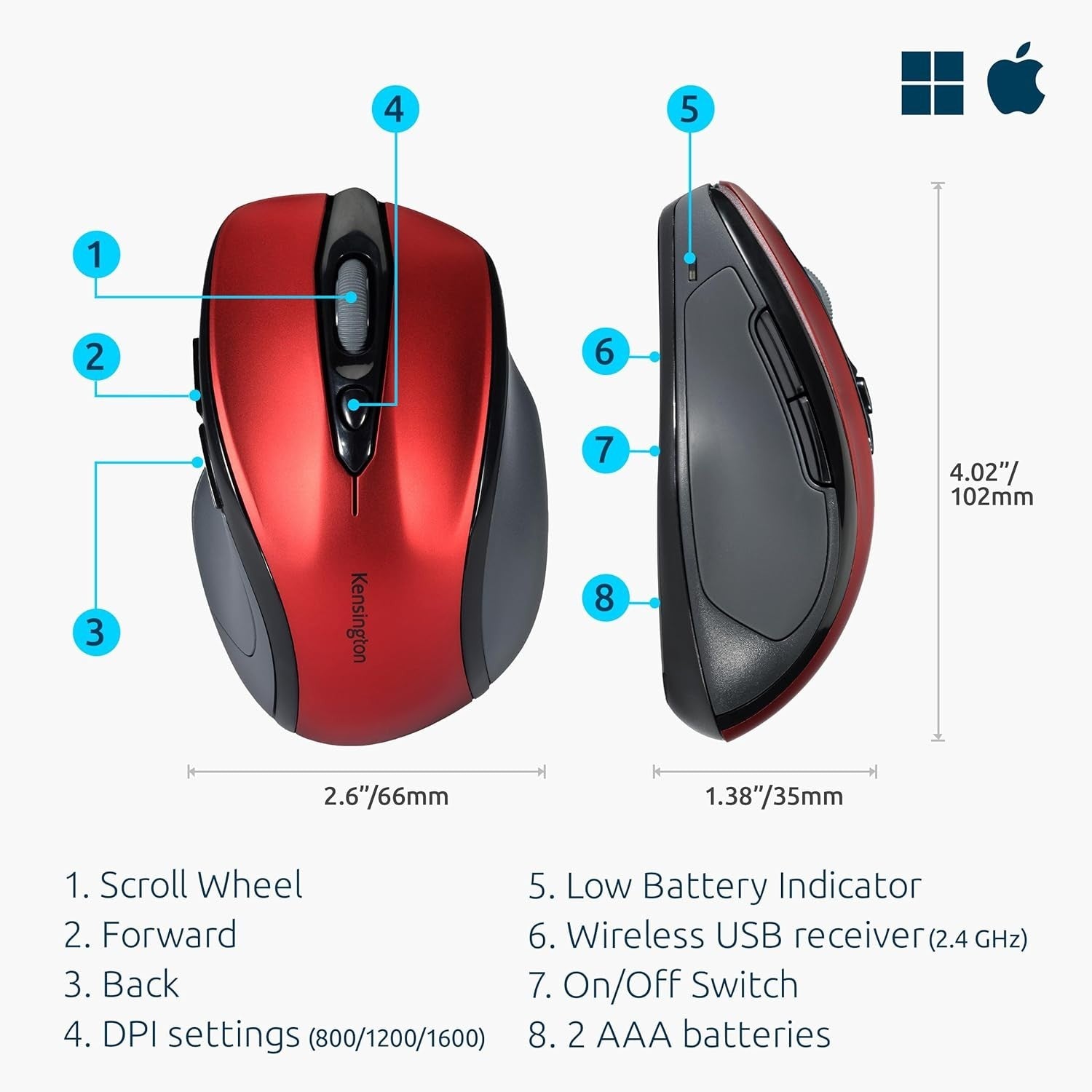 Wireless Mouse Mid Size 5 Button Optical Ergonomic USB Nano Red