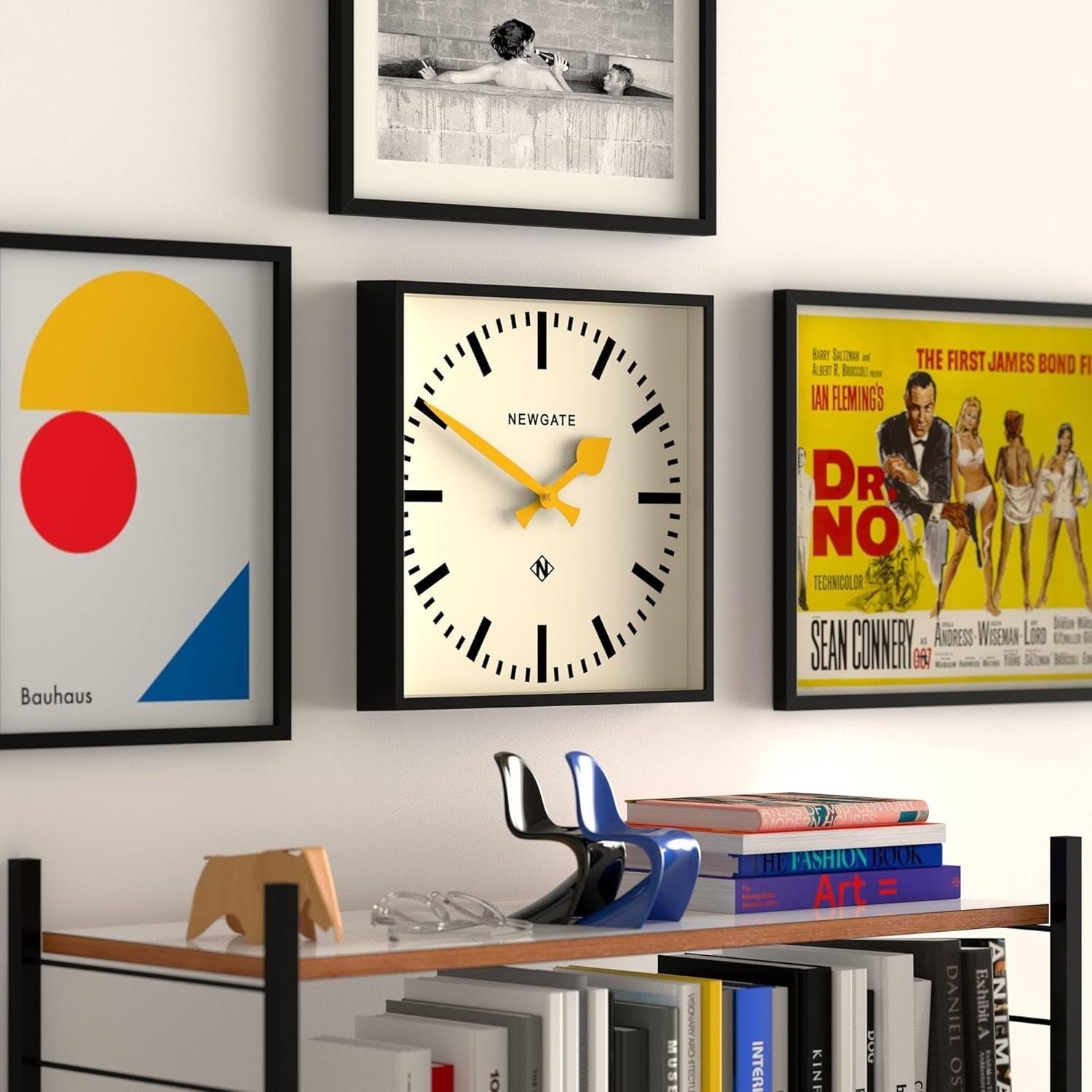 Silent Square Retro Wall Clock 40cm Yellow Hands Black Dial Office Home