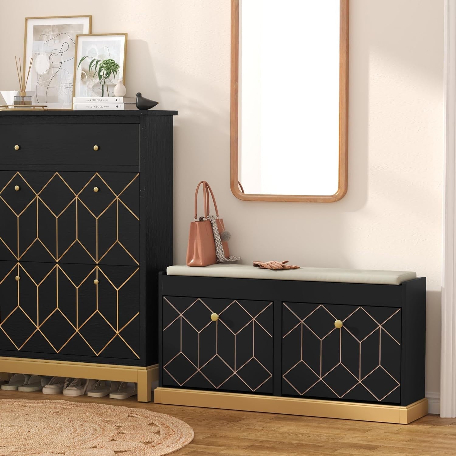 Black Shoe Bench with Cushion & Flip Drawer Hallway Storage 99.6x27.2x49.5cm