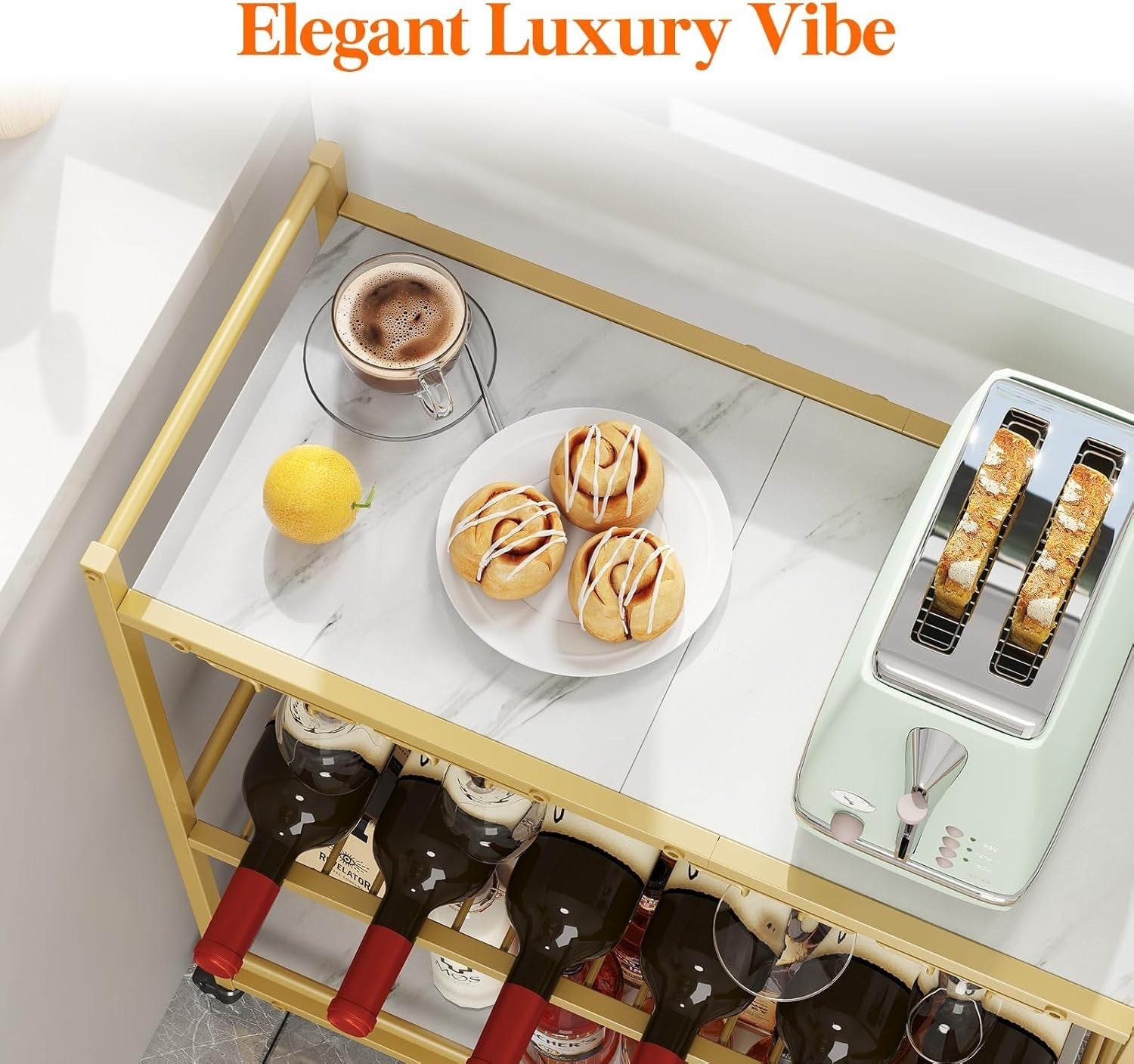 Gold 3 Tier Bar Cart with Wine Rack & Glass Holder | Drinks Trolley on Wheels