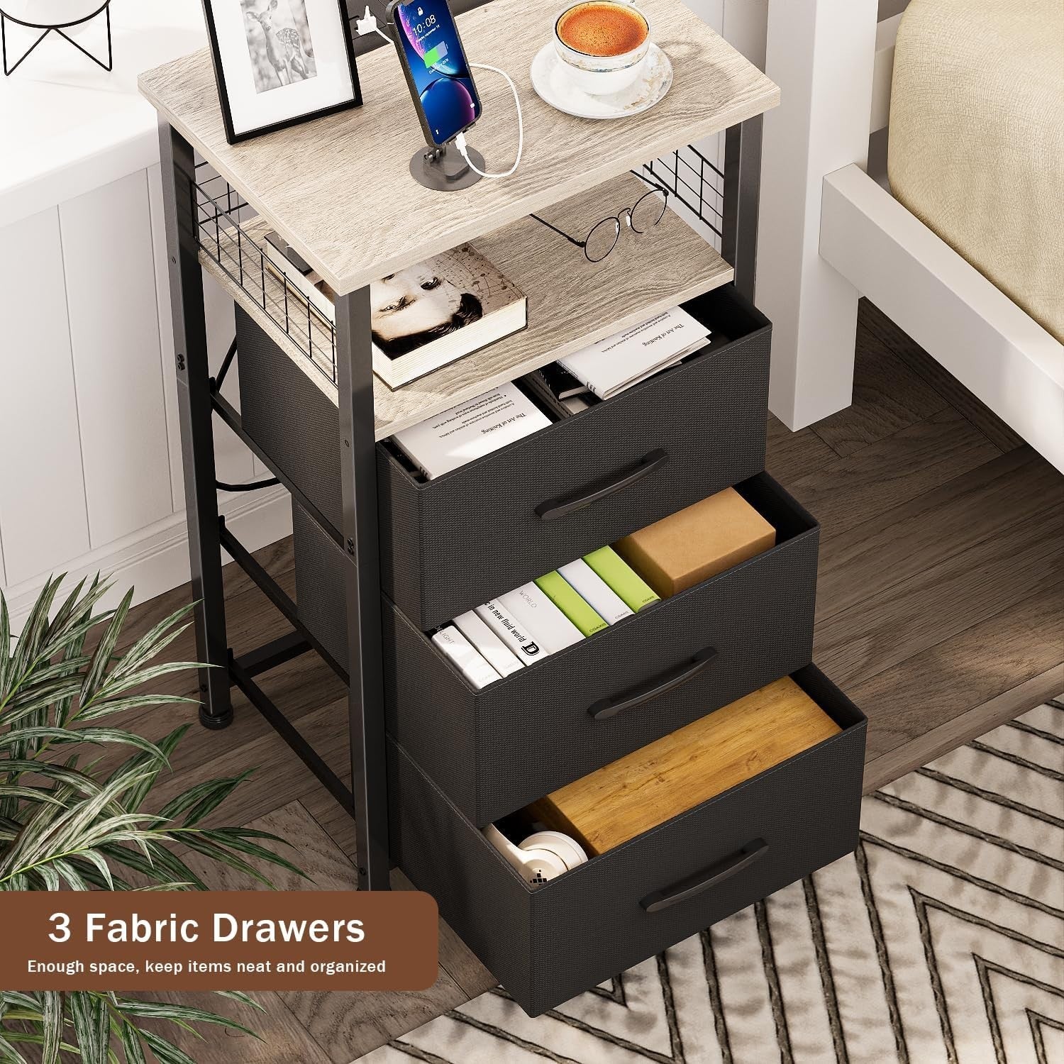 Modern LED Bedside Tables with 3 Drawers & USB Charging – Set of 2, Grey