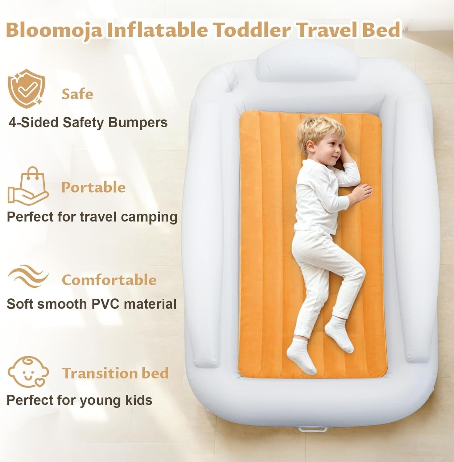 Inflatable Toddler Travel Bed 63” Kids Air Mattress with Safety Bumpers