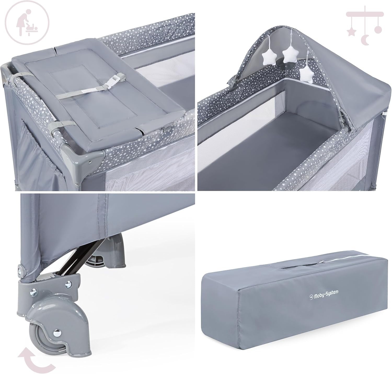 Baby Travel Cot Bedside Crib with Mattress 7 Heights Wheels & Side Panel Grey