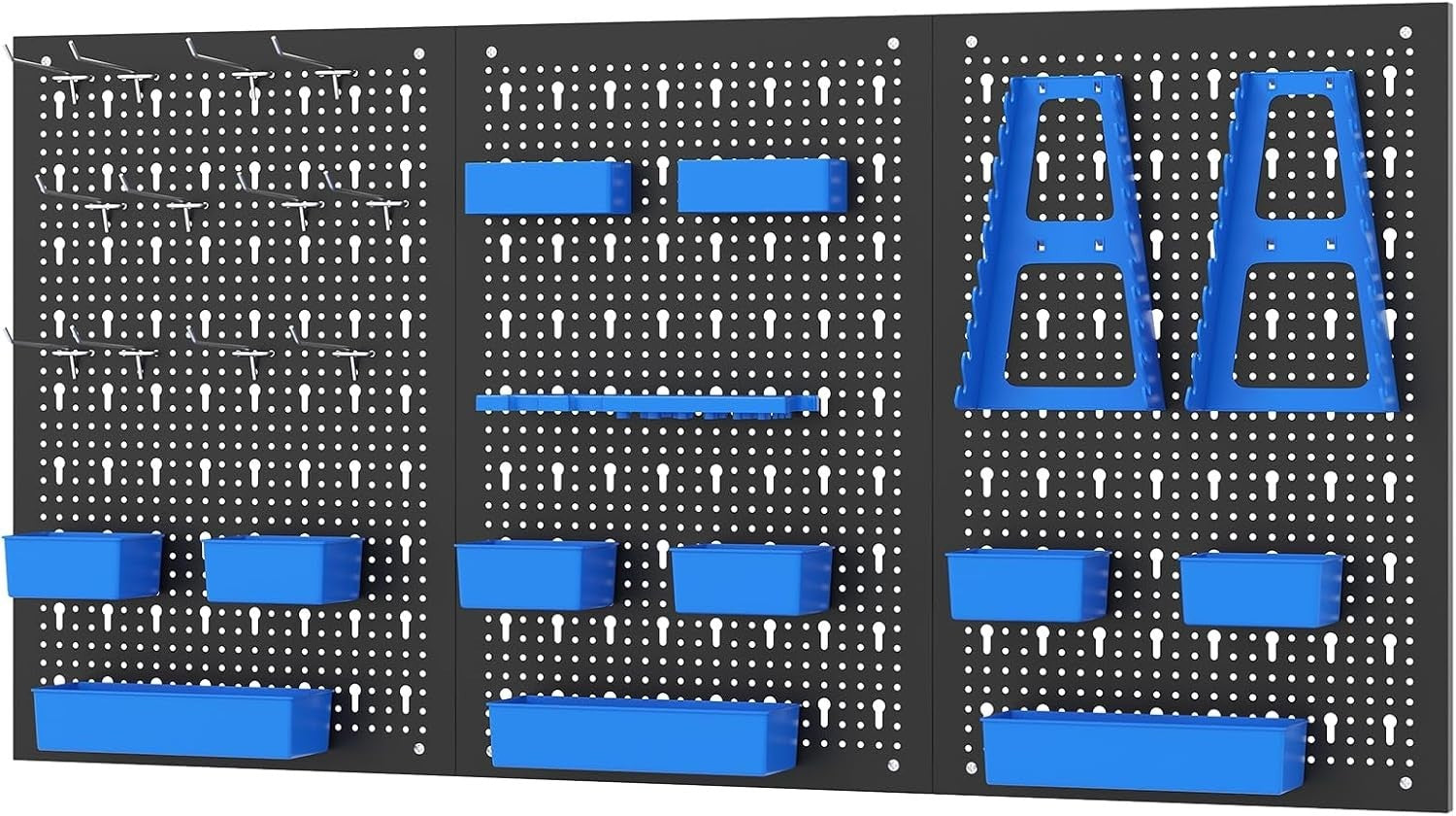 Black+Blue Pegboard Tool Organizer 3 Boards 26 Accessories Wall Rack