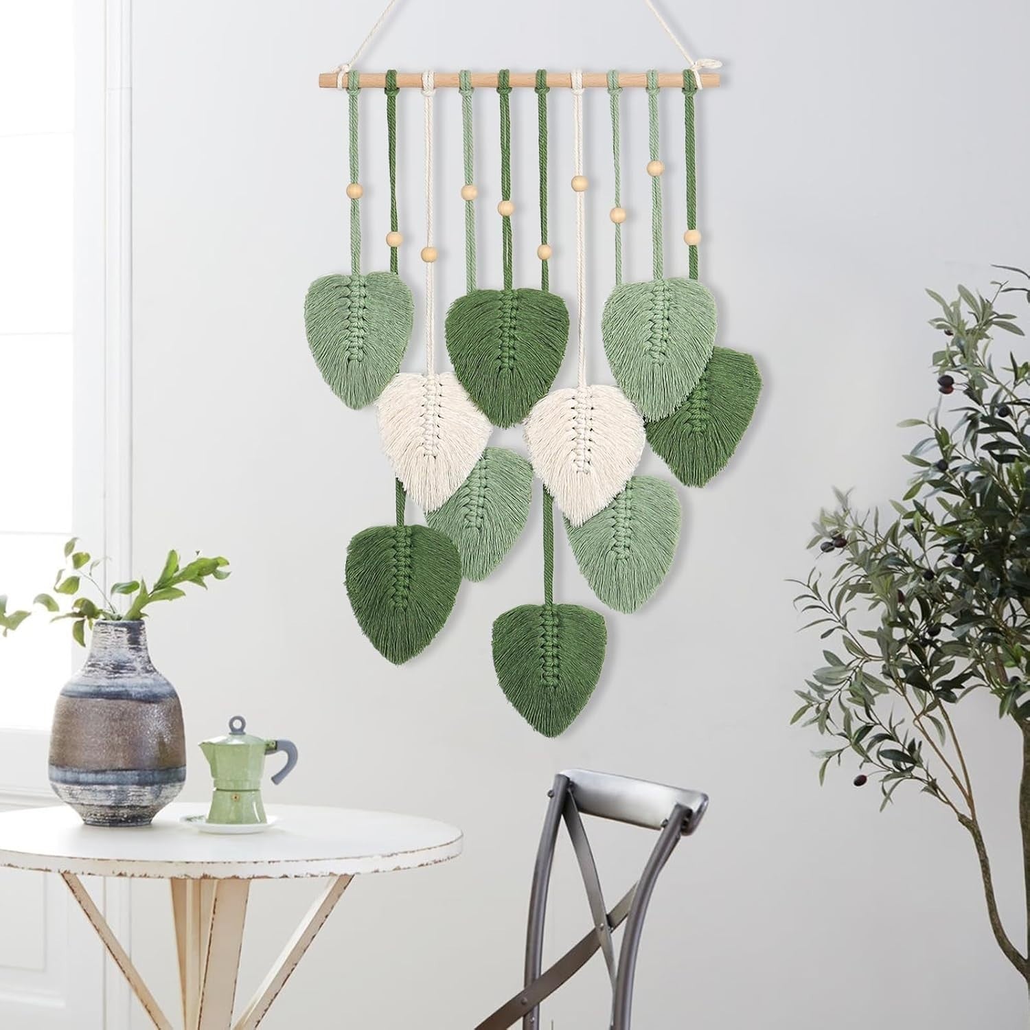 Macrame Wall Hanging Green Leaf Boho Tassel Wall Decor Handmade