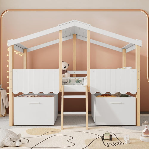 Kids Mid Sleeper Bed with Storage Drawers Safety Guard Cabin 90x190cm
