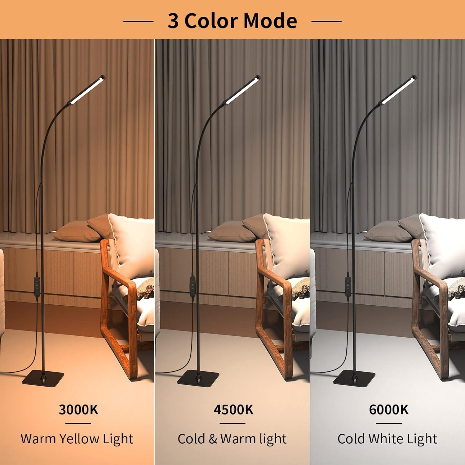 LED Floor Lamp Remote Control Dimmable 3 Colour Flexible Arm Reading Light