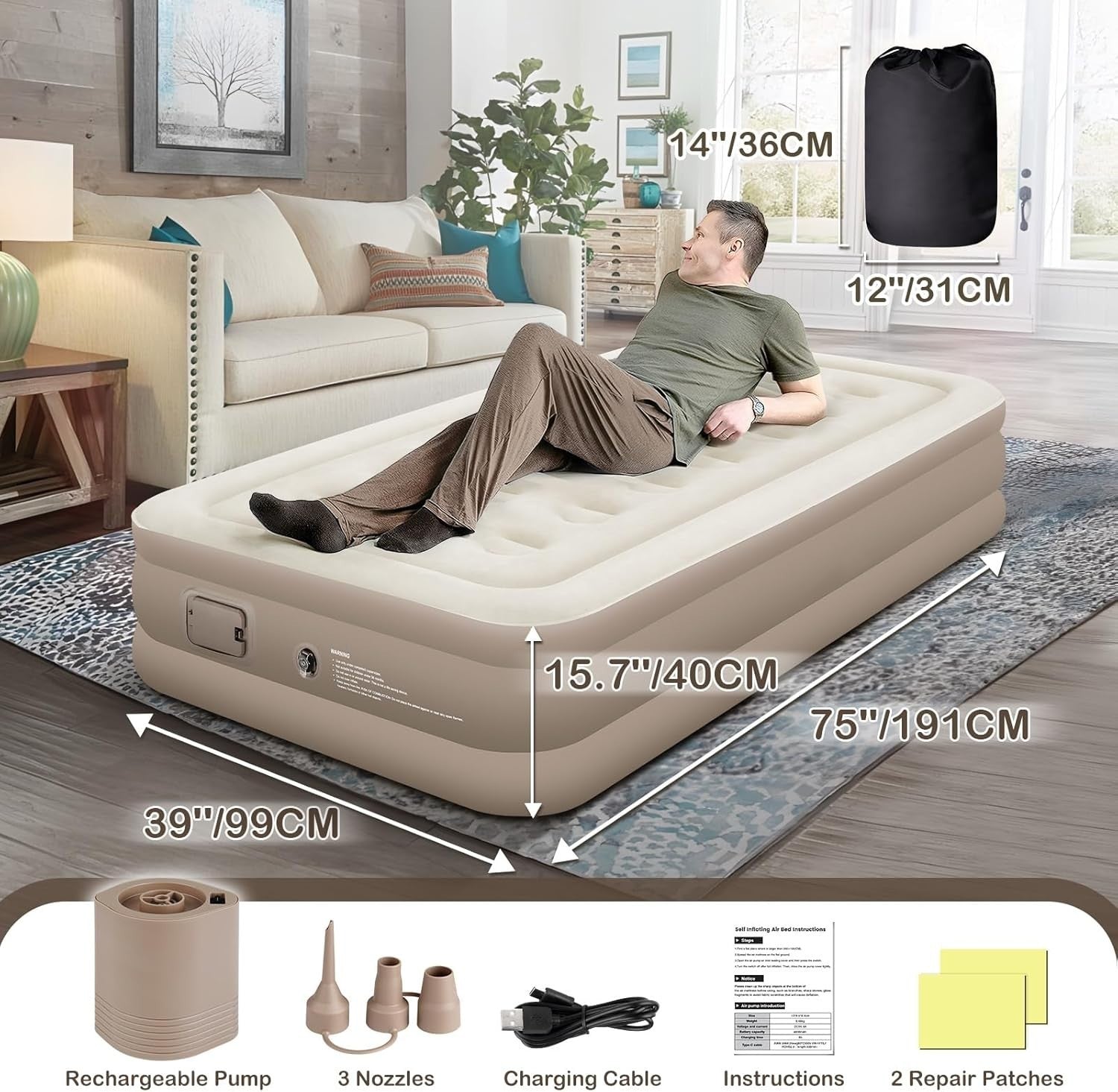 Single Air Mattress Built-In Pump Quick Inflate 191x99x40cm