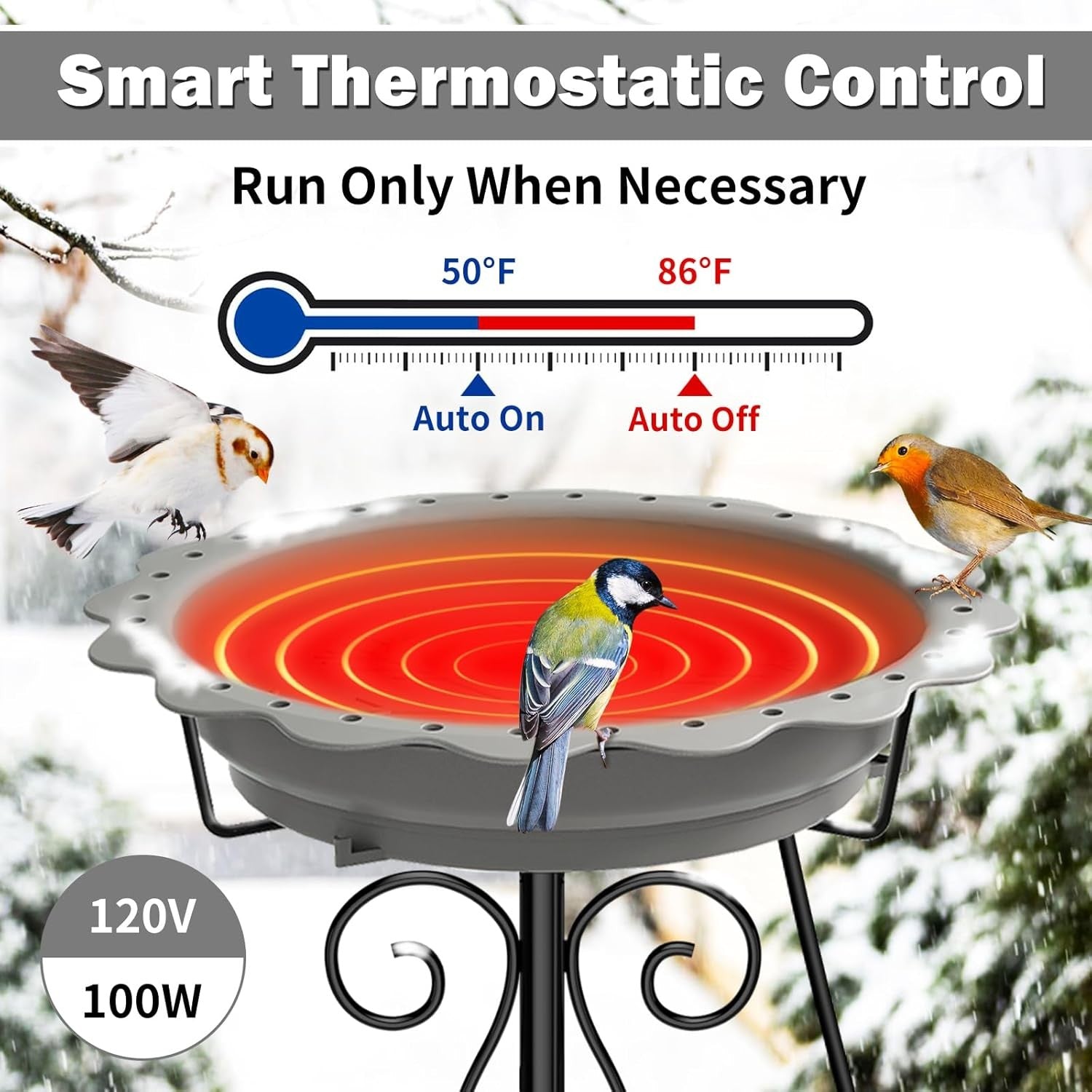 Heated Bird Bath Outdoor Water Feeder 100W Thermostat Grey Metal Stand Winter