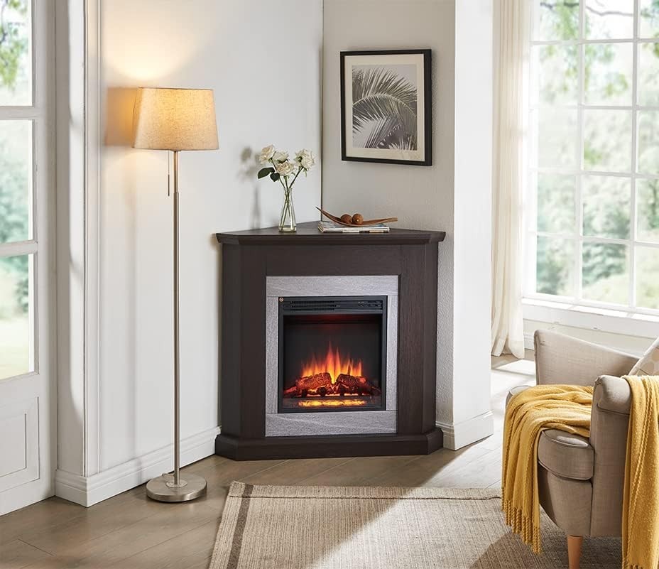 Corner Electric Fireplace 38" Espresso Oak 2kW LED Glass Heater Suite
