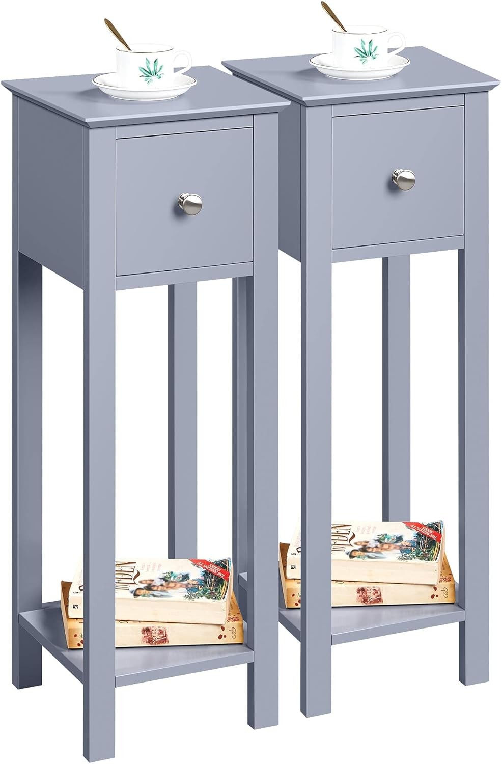 Set of 2 Grey Slim Tall Bedside Tables with Drawer & Shelf – Narrow 25x25x70cm