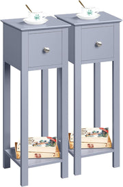 Set of 2 Grey Slim Tall Bedside Tables with Drawer & Shelf – Narrow 25x25x70cm
