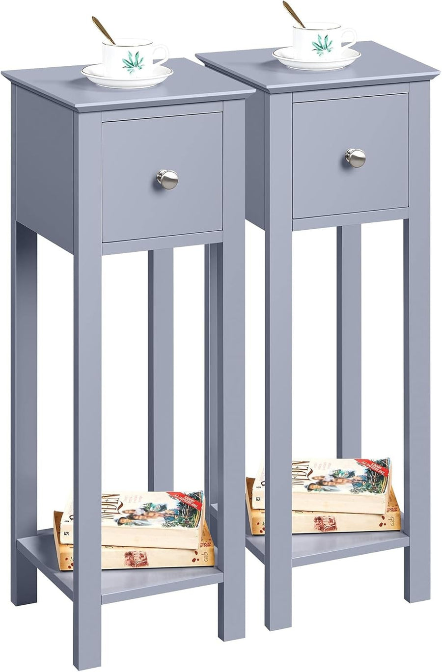 Set of 2 Grey Slim Tall Bedside Tables with Drawer & Shelf – Narrow 25x25x70cm