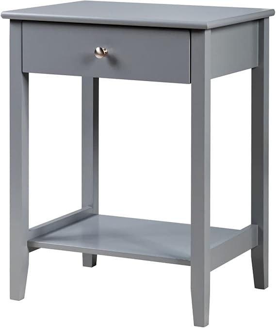 Grey Bedside Table with Drawer & Shelf | Compact Nightstand Storage | Solid Wood