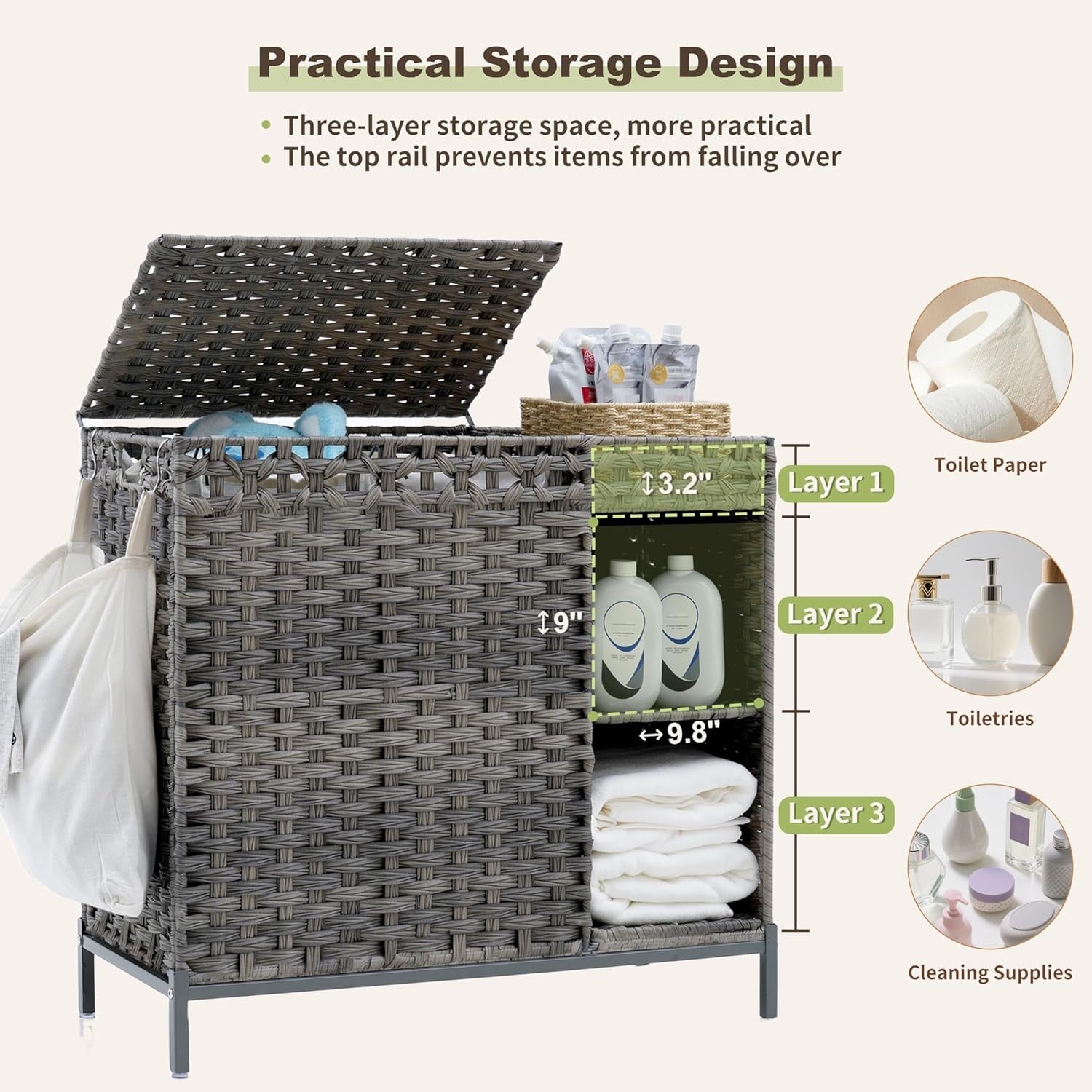 110L Grey Rattan Laundry Hamper 2 Section Basket with Lid & Storage Shelf