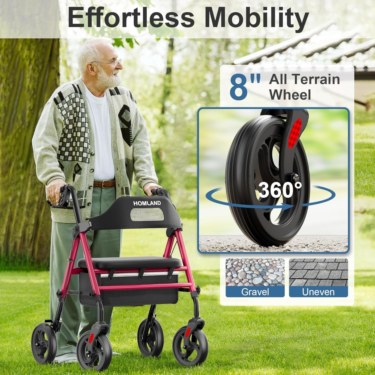 4 Wheel Rollator Walker with Seat Big Wheels Folding Adjustable Handles