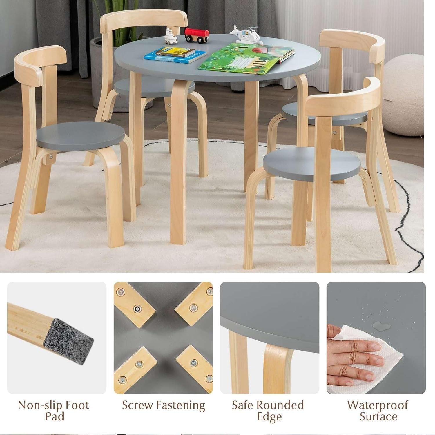 Kids Round Table & 4 Chairs Set Wooden Activity Desk Space-Saving Design