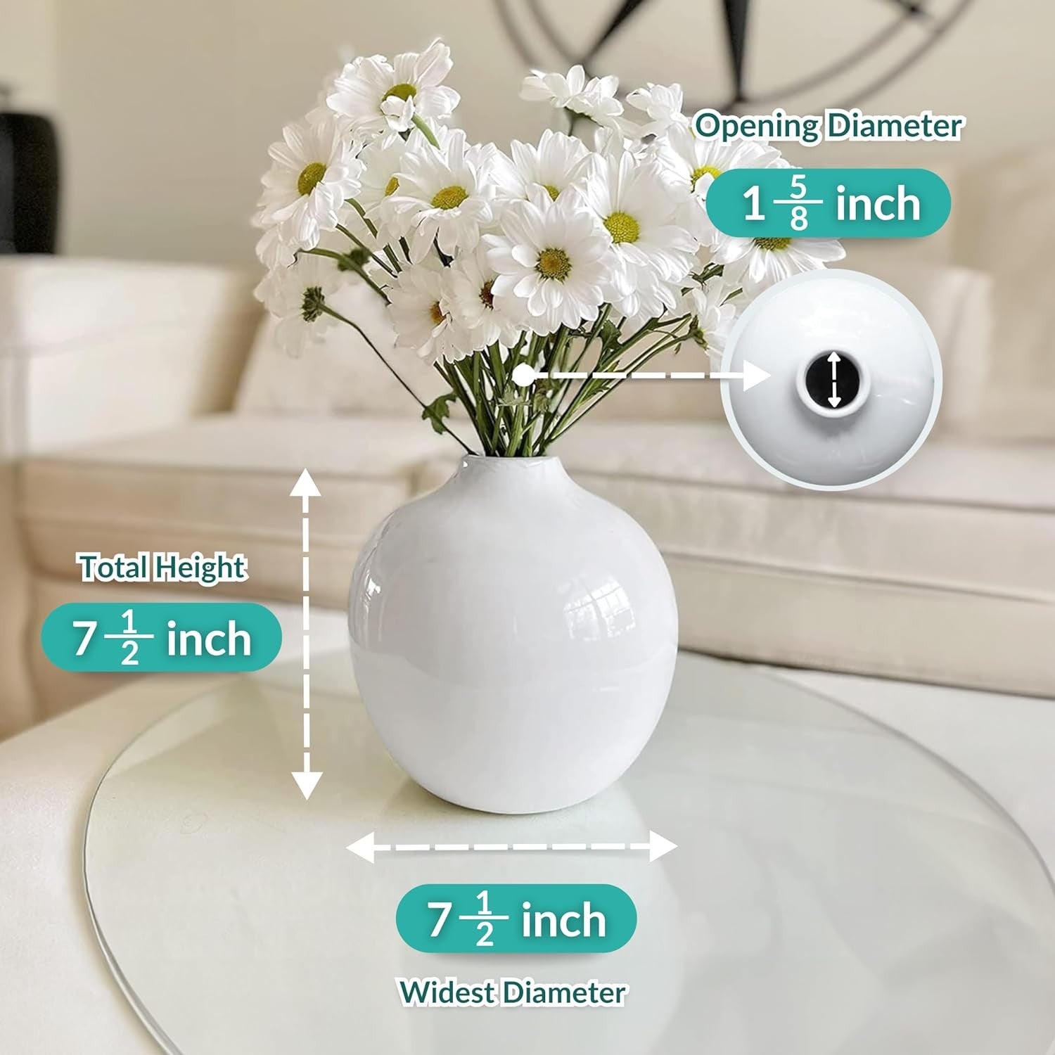 White Ceramic Round Vase 19cm Glossy Flower Pampas Grass Home Decor