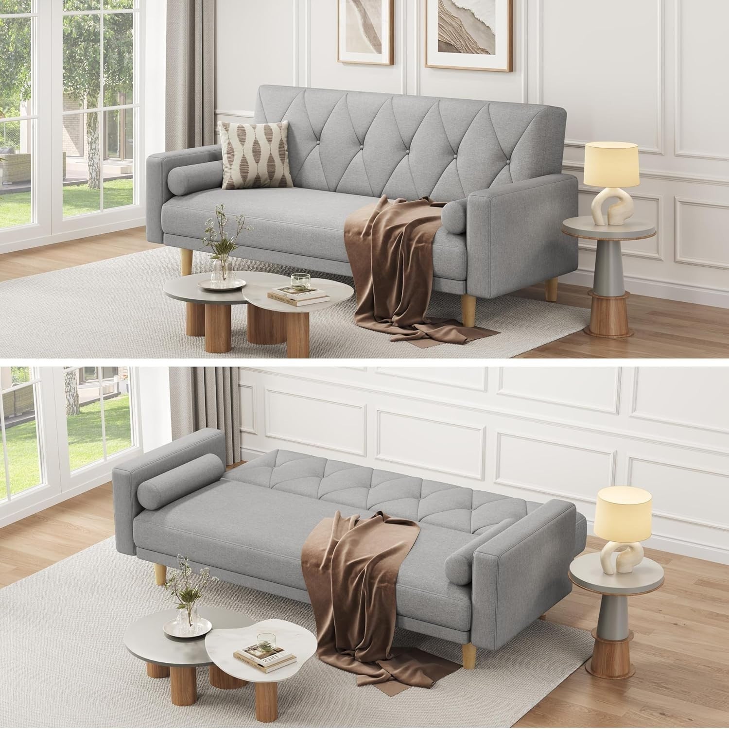 Light Grey 3 Seater Sofa Bed Click Clack Modern Couch with Pillows Small Space