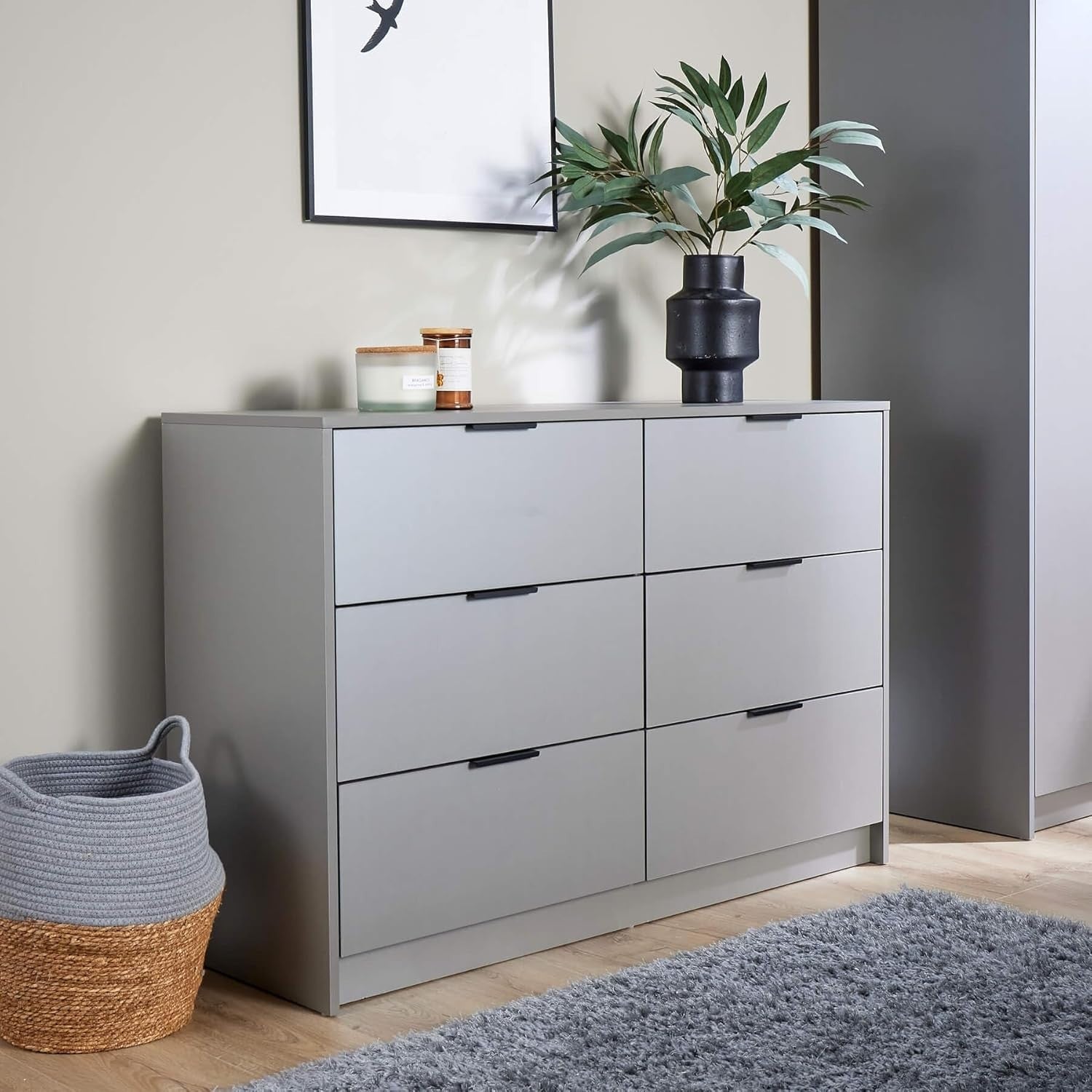 Grey 6 Drawer Chest Bedroom Storage Cabinet Wide Modern Clothes Unit