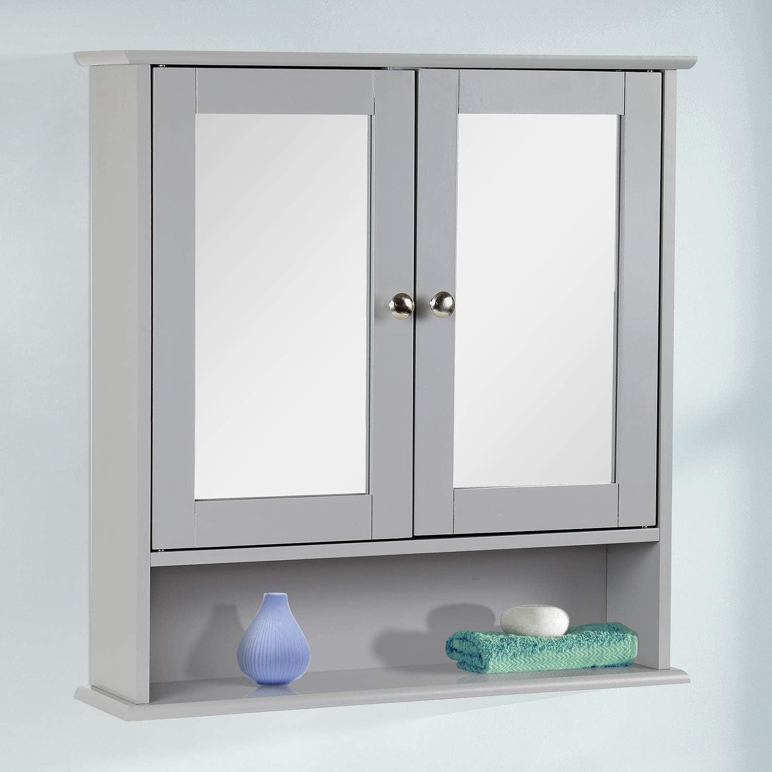 Bathroom Mirror Cabinet Double Door Wall Mounted Storage with Adjustable Shelves