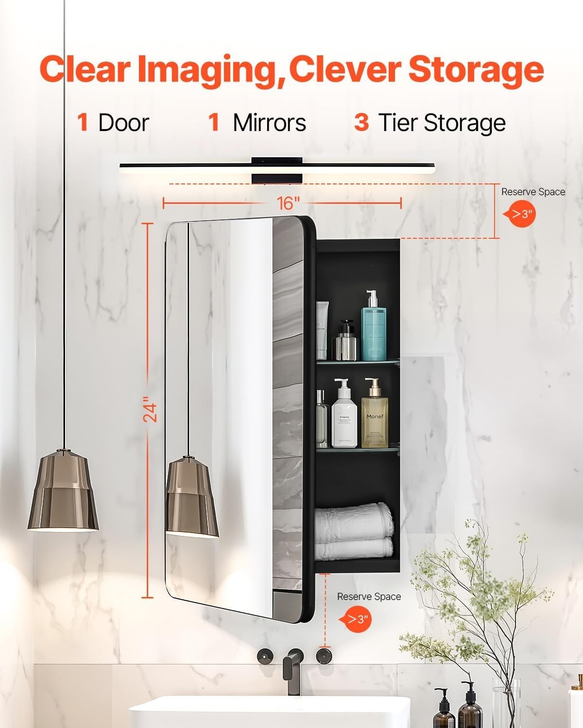 Bathroom Mirror Cabinet 41x61cm Wall Mount 2-Layer Adjustable Storage