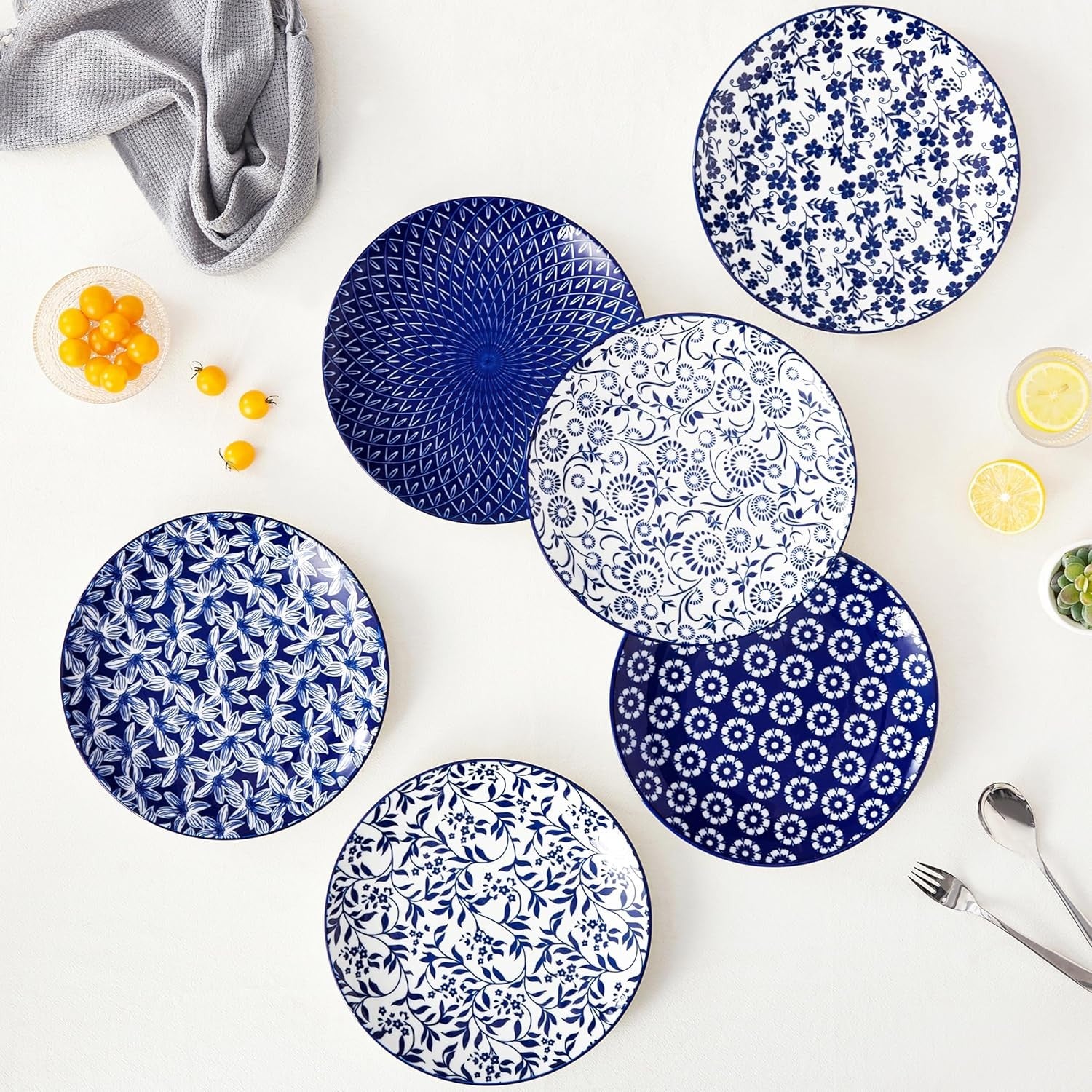 Set of 6 Vintage Blue Dinner Plates 10.25in Ceramic Scratch Resistant