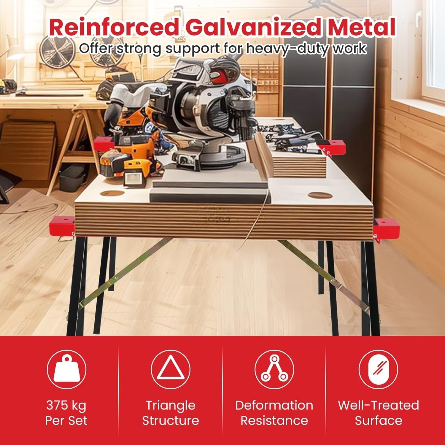 Folding Sawhorse Twin Pack Heavy Duty 375kg Non-Slip Metal Trestle Stands