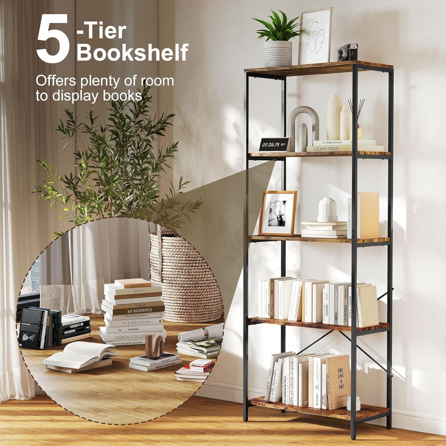 Rustic Brown & Black 5-Tier Industrial Bookcase Tall Metal Frame Display Shelf