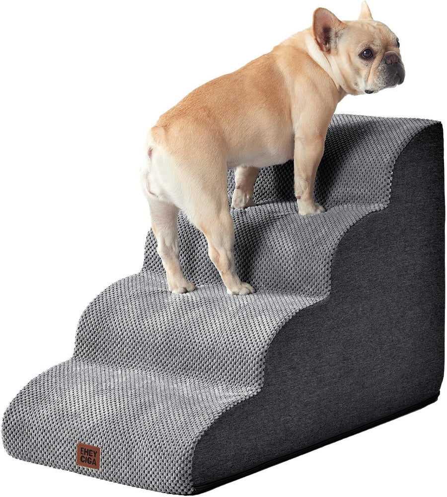 4 Step Dog Stairs for High Bed Non Slip Foam Pet Steps Washable Grey