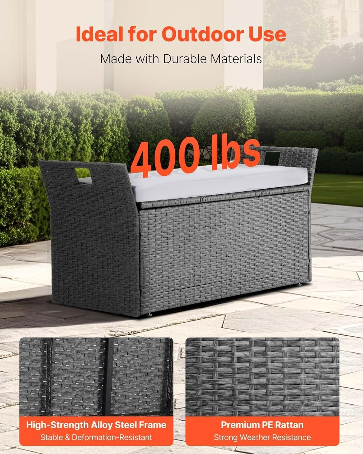Outdoor 2-Person Storage Bench with Cushion, Weatherproof Rattan, 400 lbs Load