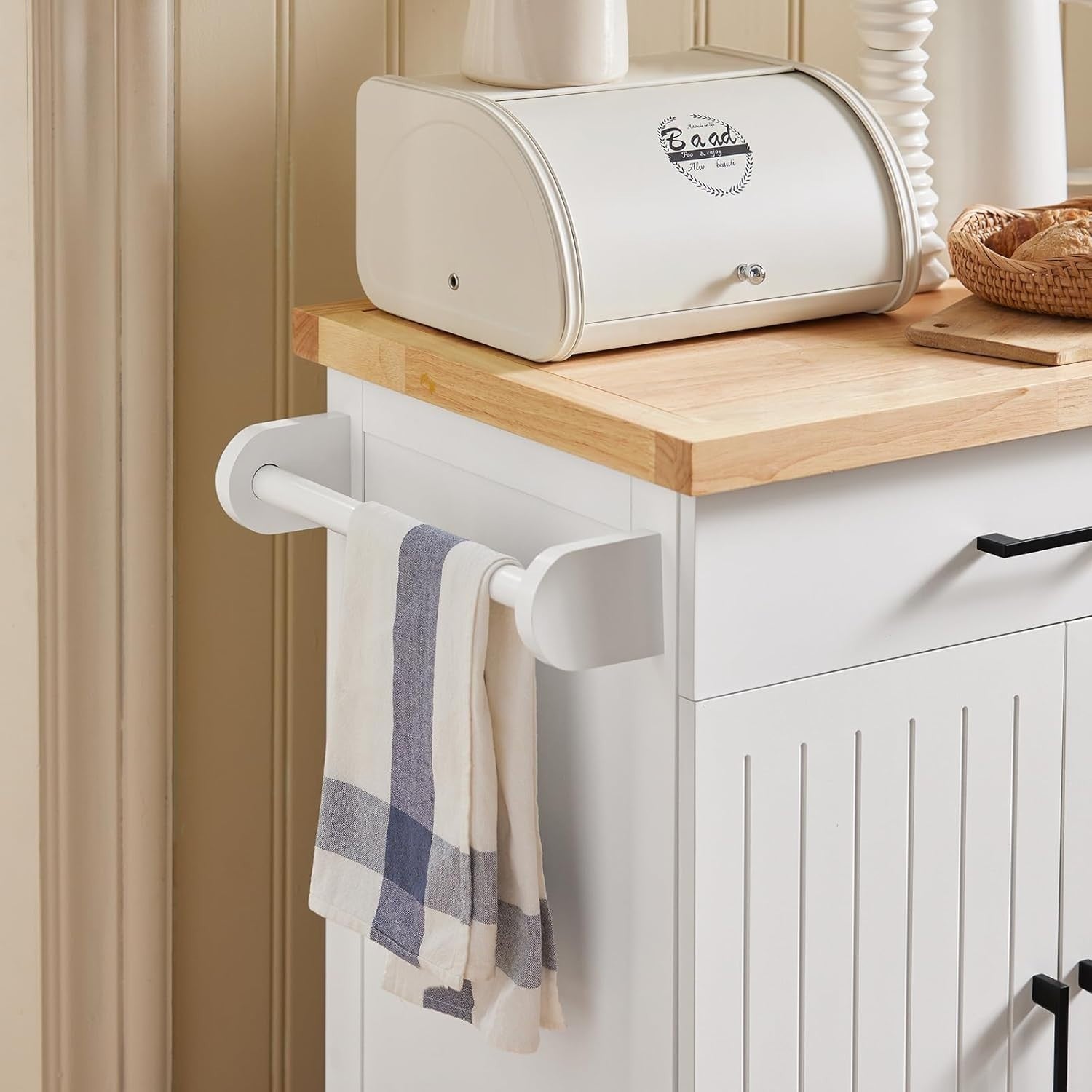 Rolling Kitchen Trolley Cart with Rubberwood Worktop, Drawer & Cabinet Storage